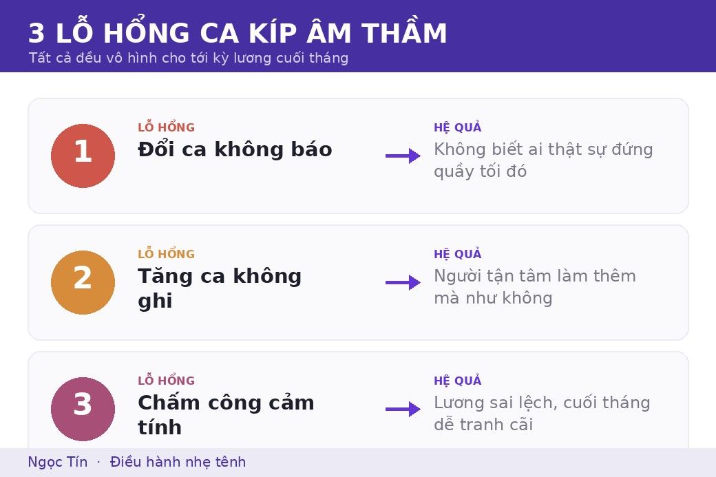 Ba lỗ hổng ca kíp âm thầm: đổi ca, tăng ca, chấm công, đều vô hình cho tới kỳ lương.