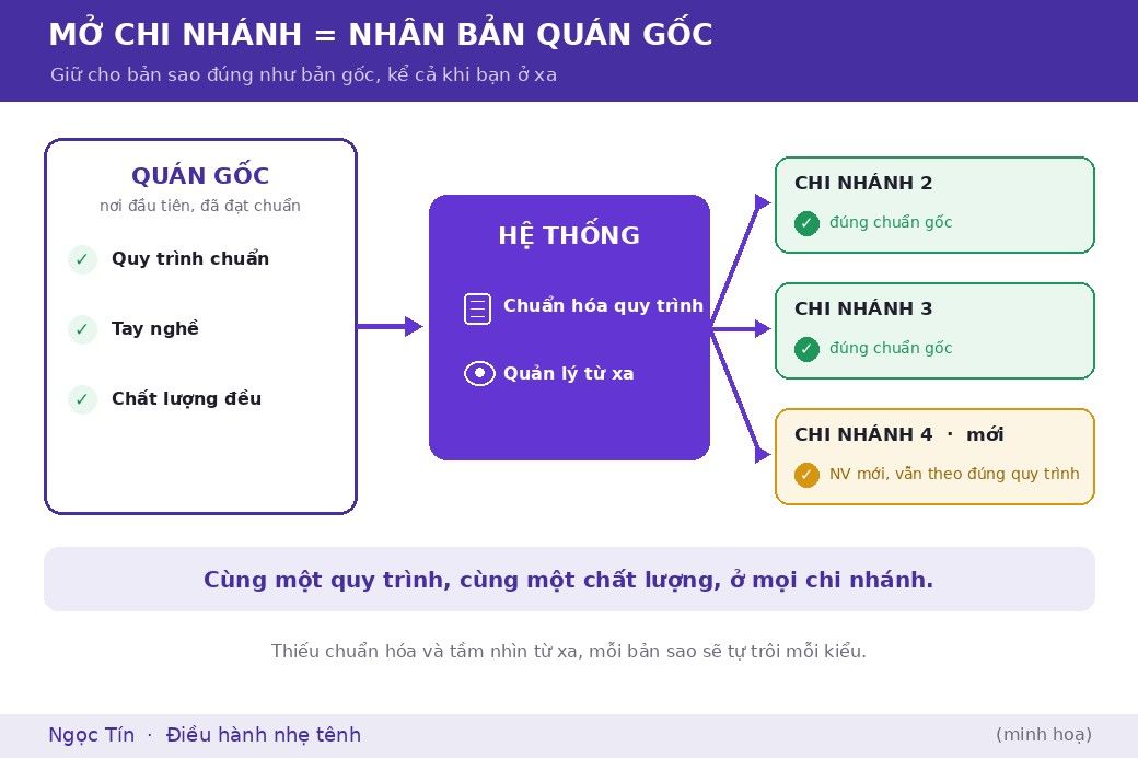 Mở chi nhánh mới là nhân bản quán gốc; chuẩn hóa quy trình và cho phép nhìn từ xa giúp mọi bản sao giữ đúng chất lượng của bản gốc.